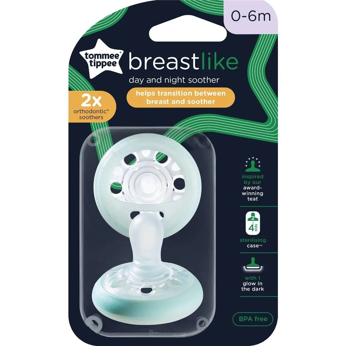 Tommee Tippee breast like soothers 0-6m. Glow in the dark Sterilizing pods.