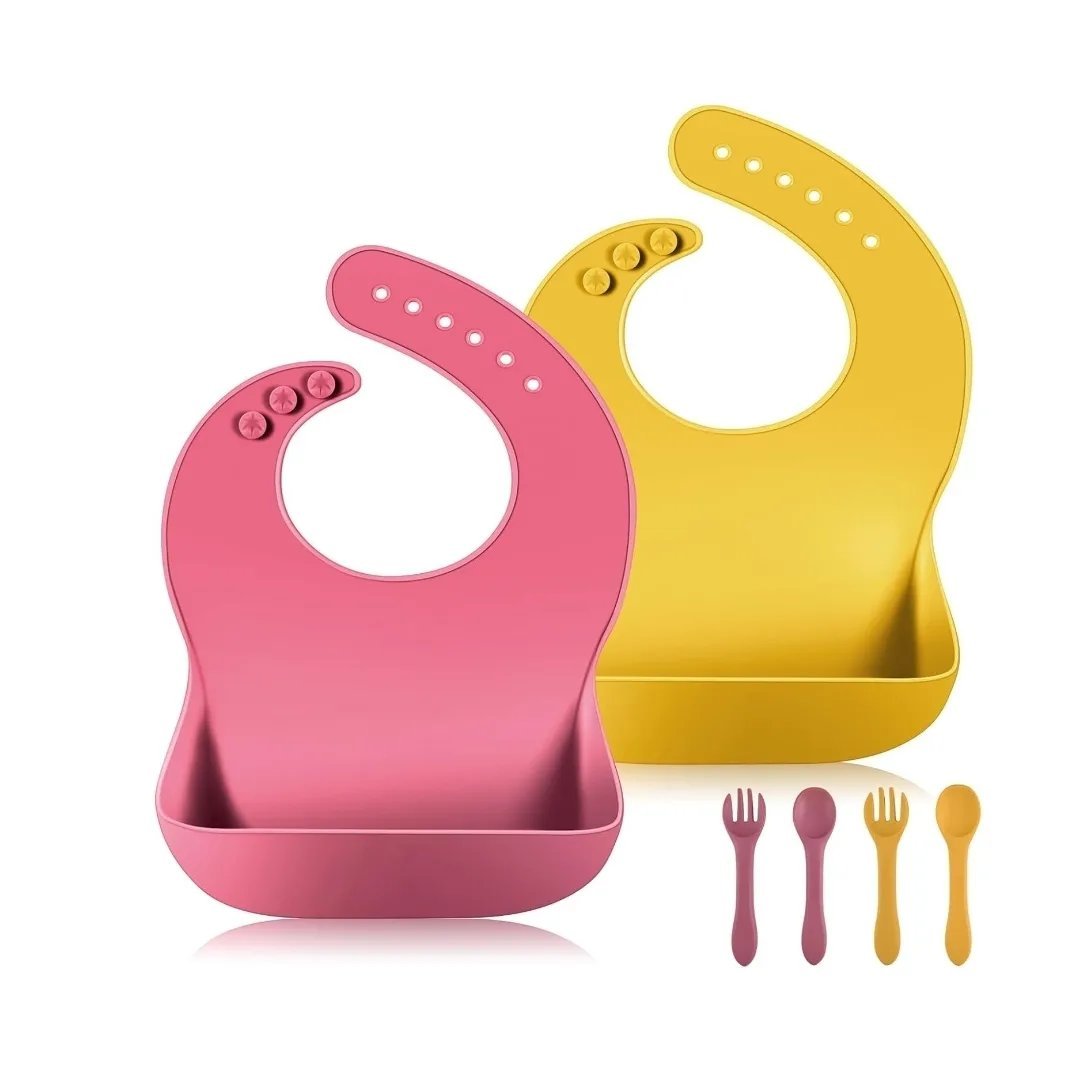 Vicloon Silicone Baby Bib, 2Pack Bibs. 2 spoons. 2 folks.