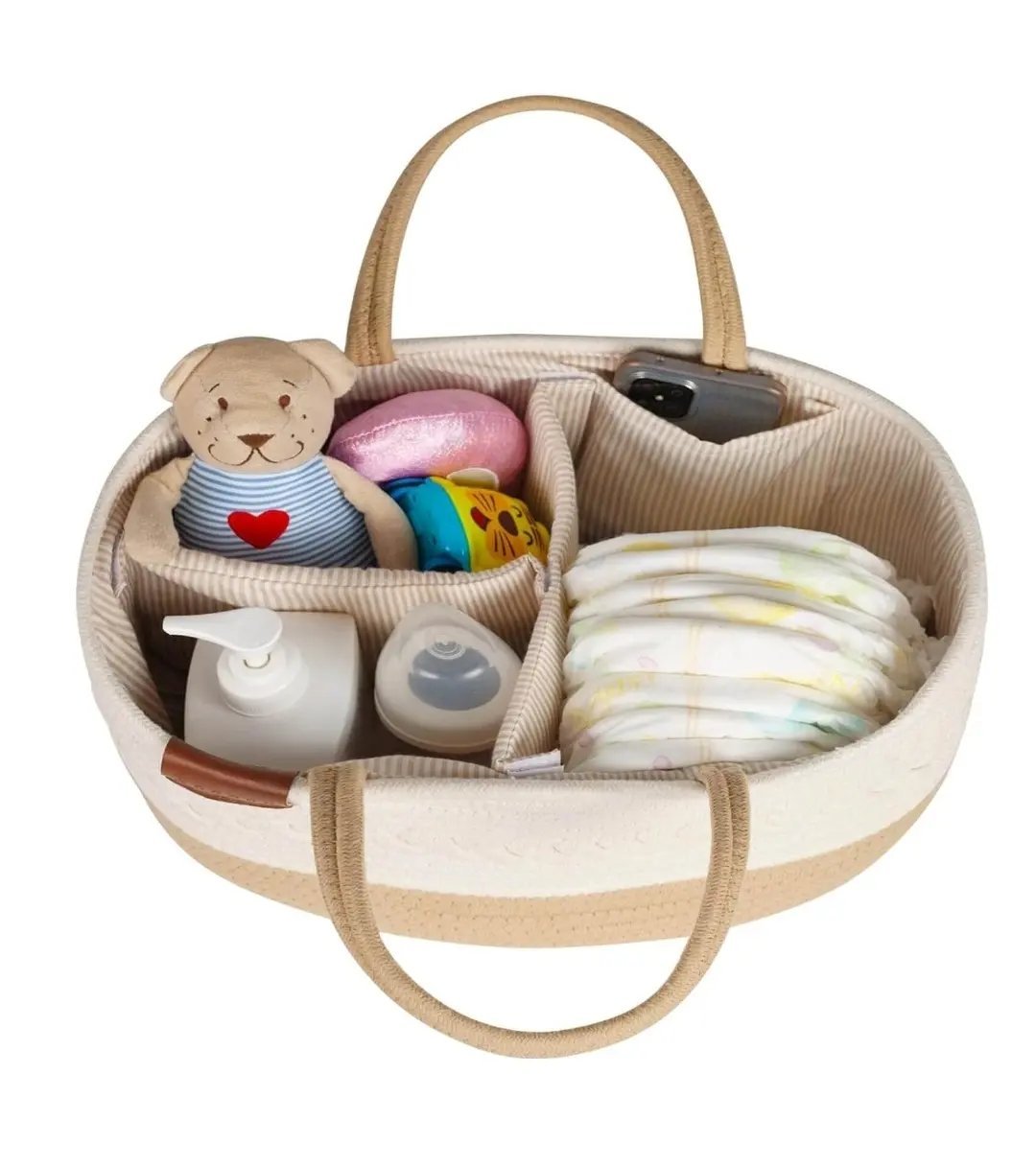 Premium Cotton Rope Nappy Caddy Organiser. Brown/Black Line.