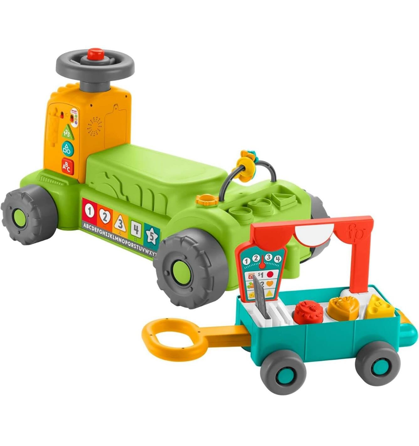Fisher-Price Laugh & Learn 4-in-1 Farm to Market Tractor Ride-On Learning Toy.
