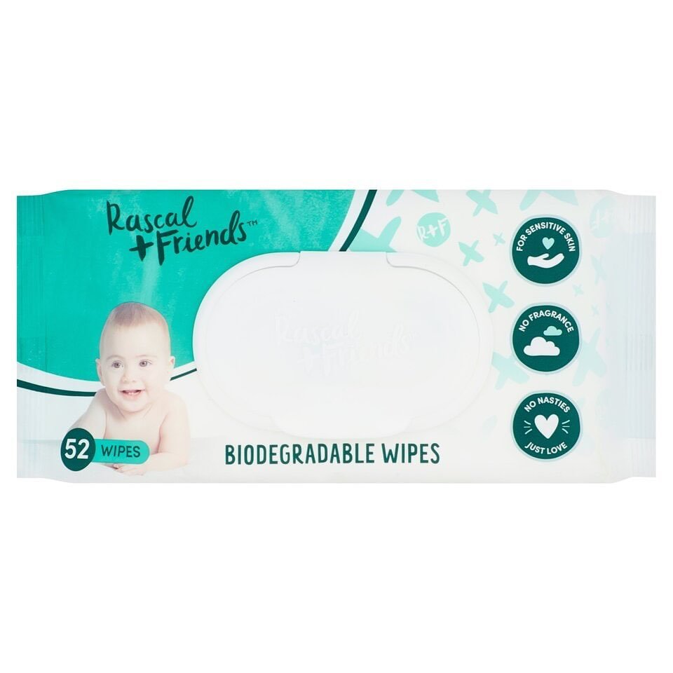 Rascal + Friends Biodegradable Wipes. 52 pack.* 0% Fragrance, no Parabens & alchohol * NEW Embossed Cloth * Dermatologically Certified * Resealable Lid * 99% Natural Formula * Chamomile, Aloe + Pomegranate Extracts * No Wasted Wipes Design * pH Balanced * Hypoallergenic * Dermatologically tested for skin friendliness