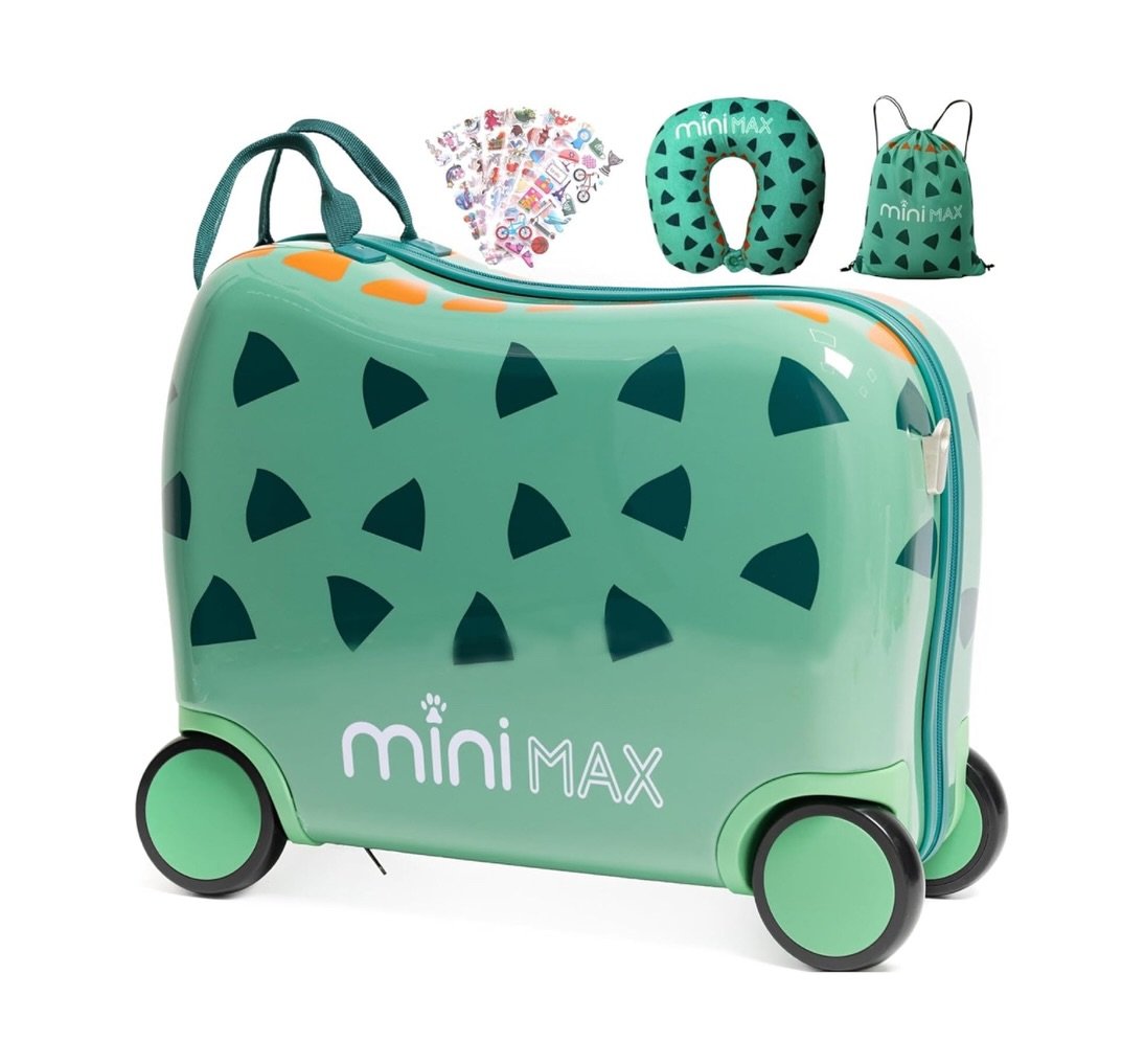 MiniMax 29L Kids Ride-On Suitcase 4PCS Set Drawstring Bag, Neck Pillow & 50+ Personalisation Stickers